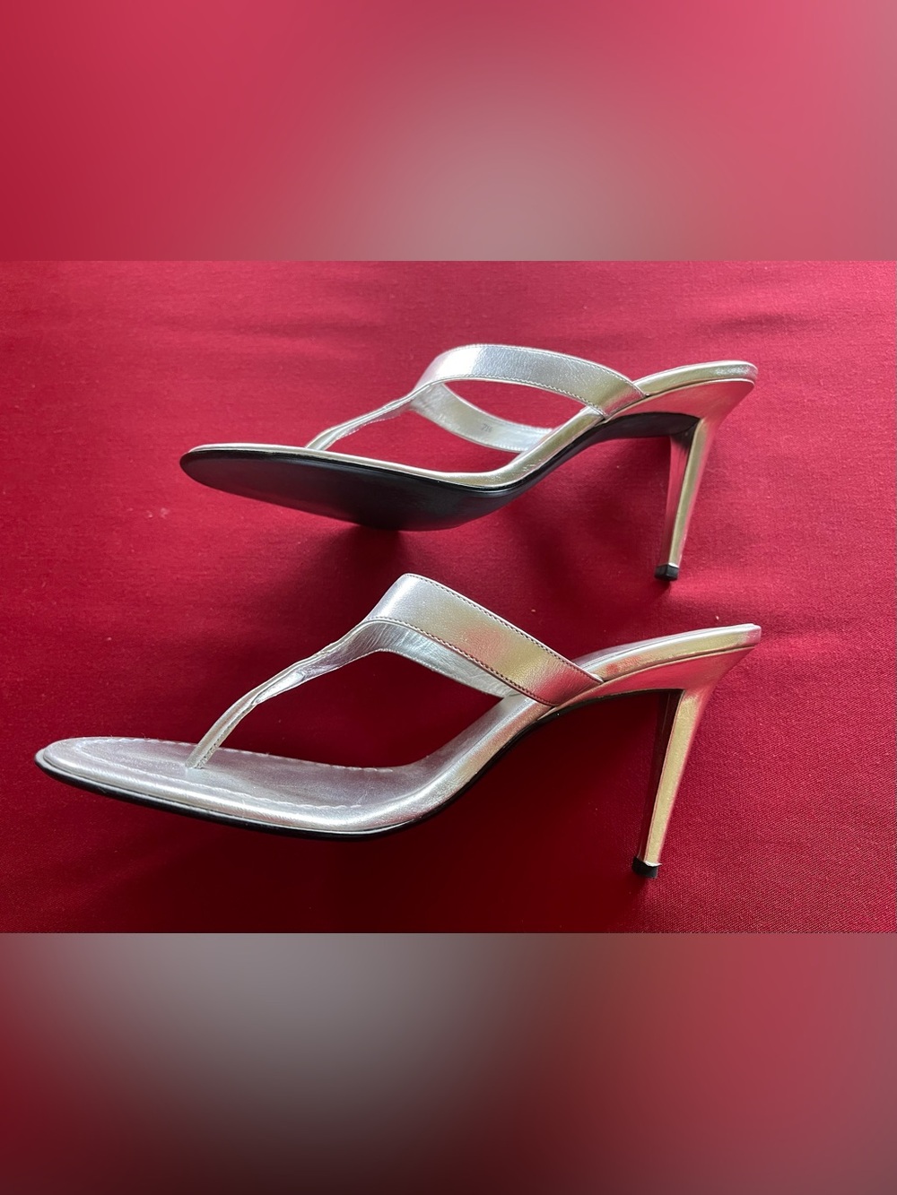 Silver Metallic Stiletto Heel Thong Sandals - Women